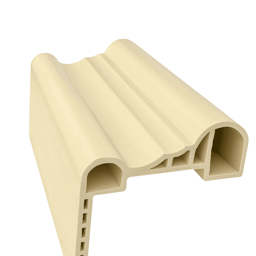Decorative contoured WPC architrave with sculpted profile and curved grooves